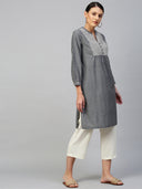 Floral Printed Chambray & Viscose Twill Embroidered Yoke Kurta Set
