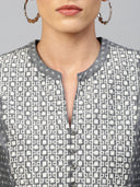 Floral Printed Chambray & Viscose Twill Embroidered Yoke Kurta Set