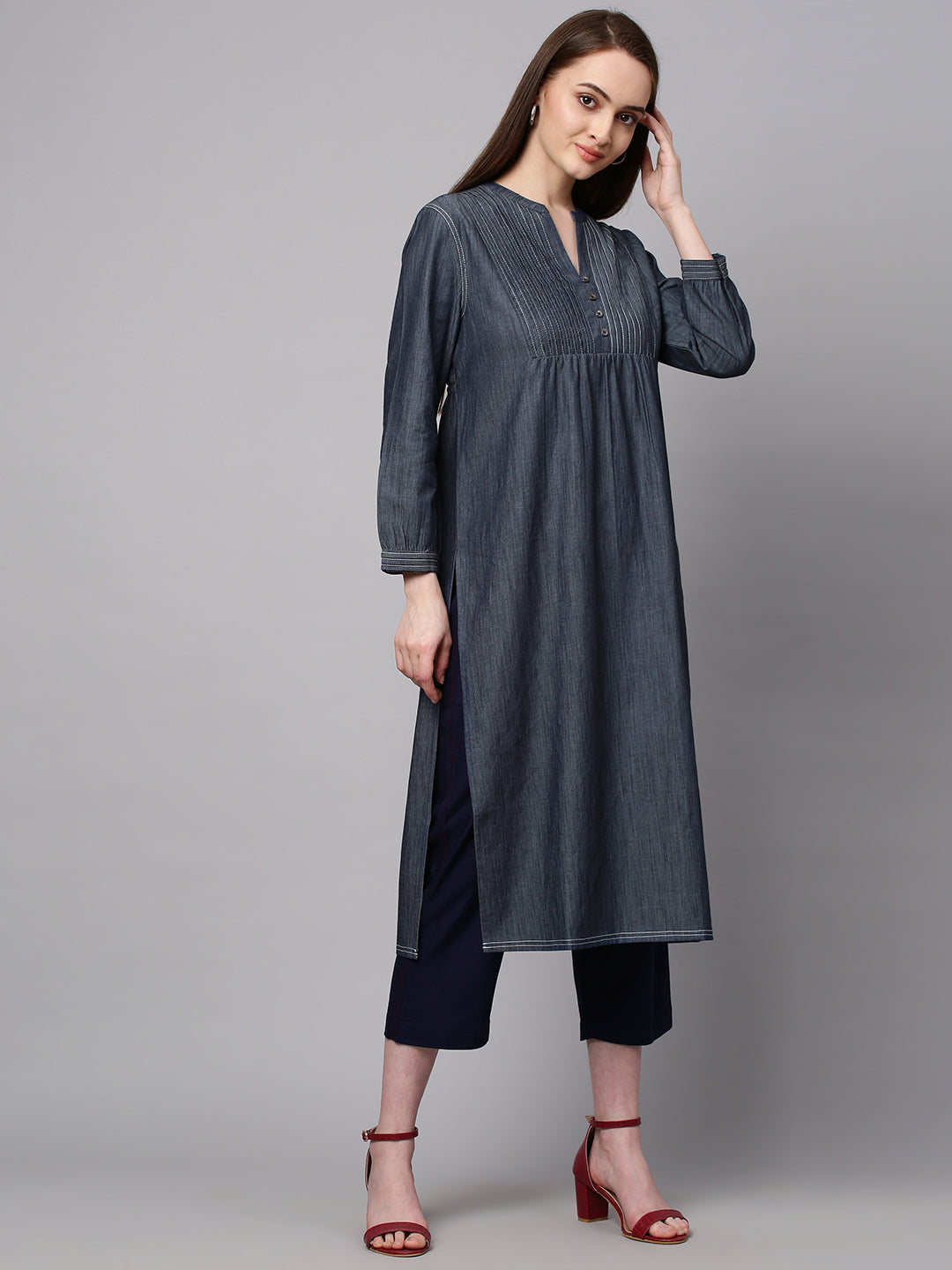 Pintucked Yoke Denim Kurta