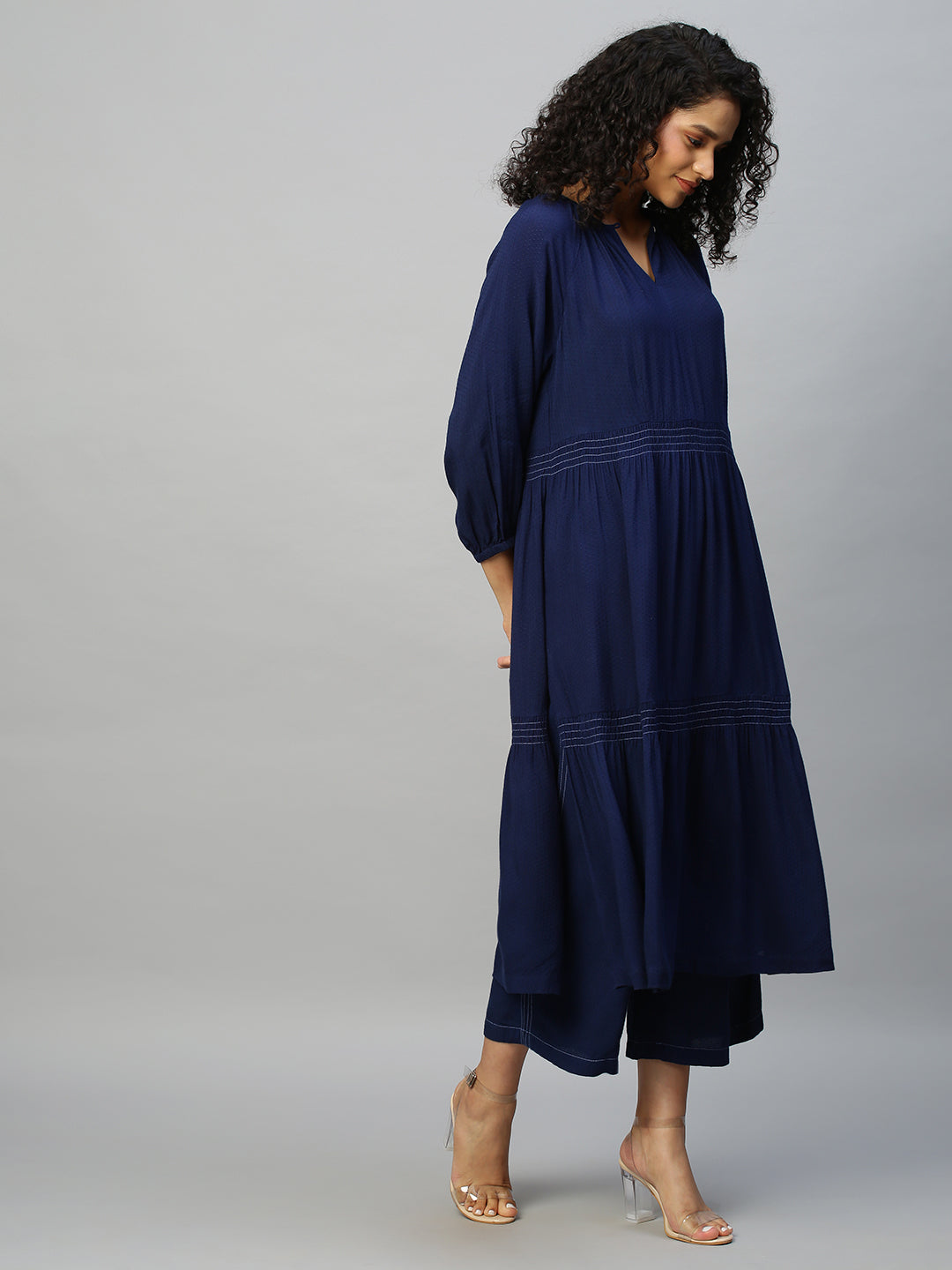 Rayon Dot Tiered Kurta With Wide Leg Pyjamas