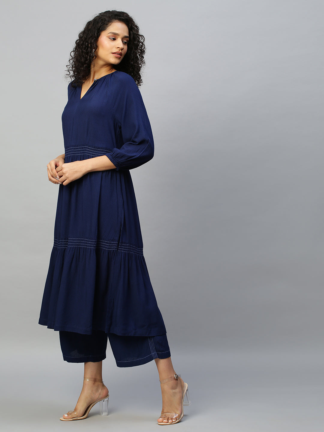 Rayon Dot Tiered Kurta With Wide Leg Pyjamas