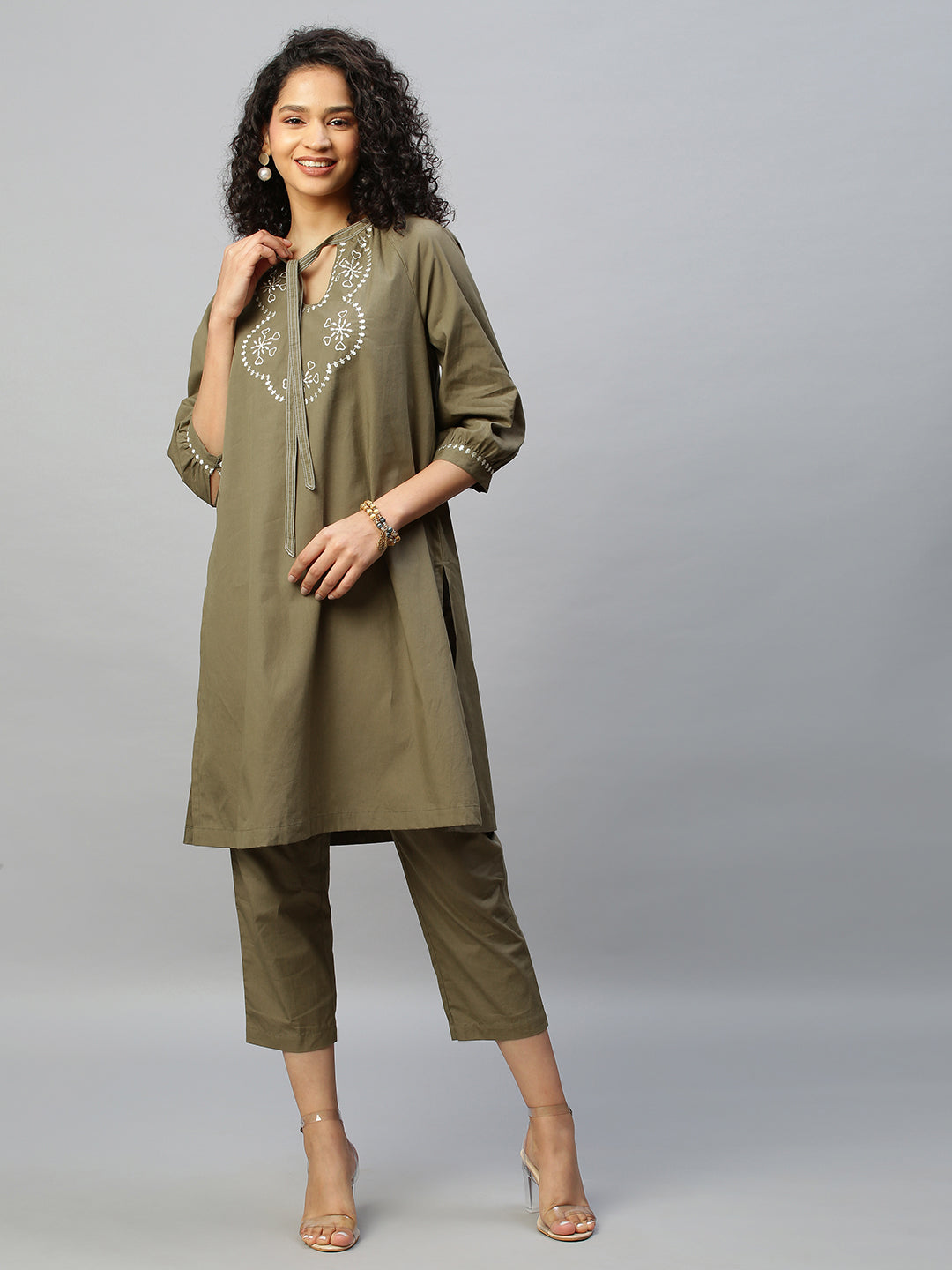 Embroidered Tie Neck Raglan Sleeved Cotton Poplin Kurta Set