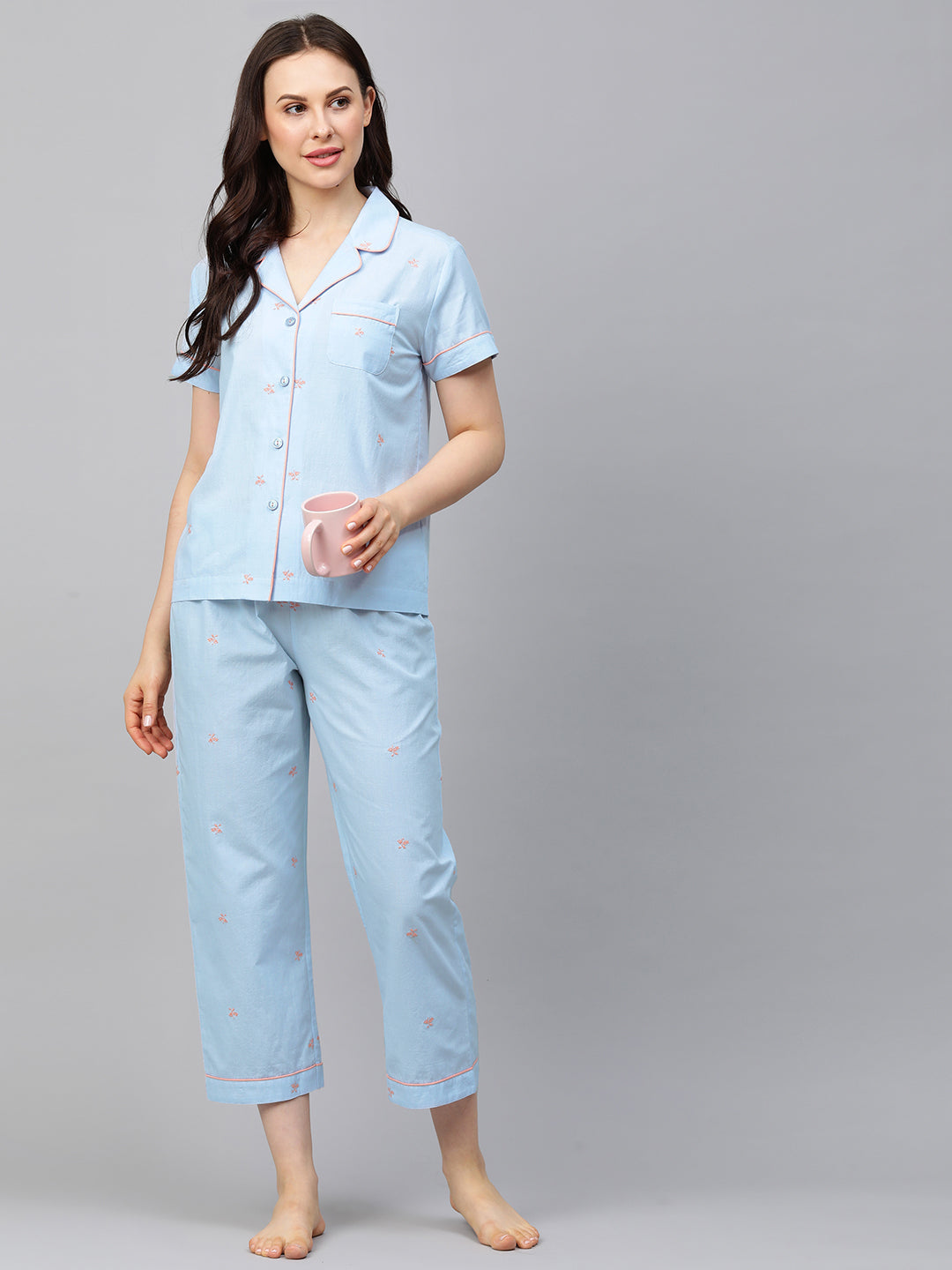 Embroidered Chambray Night Suit