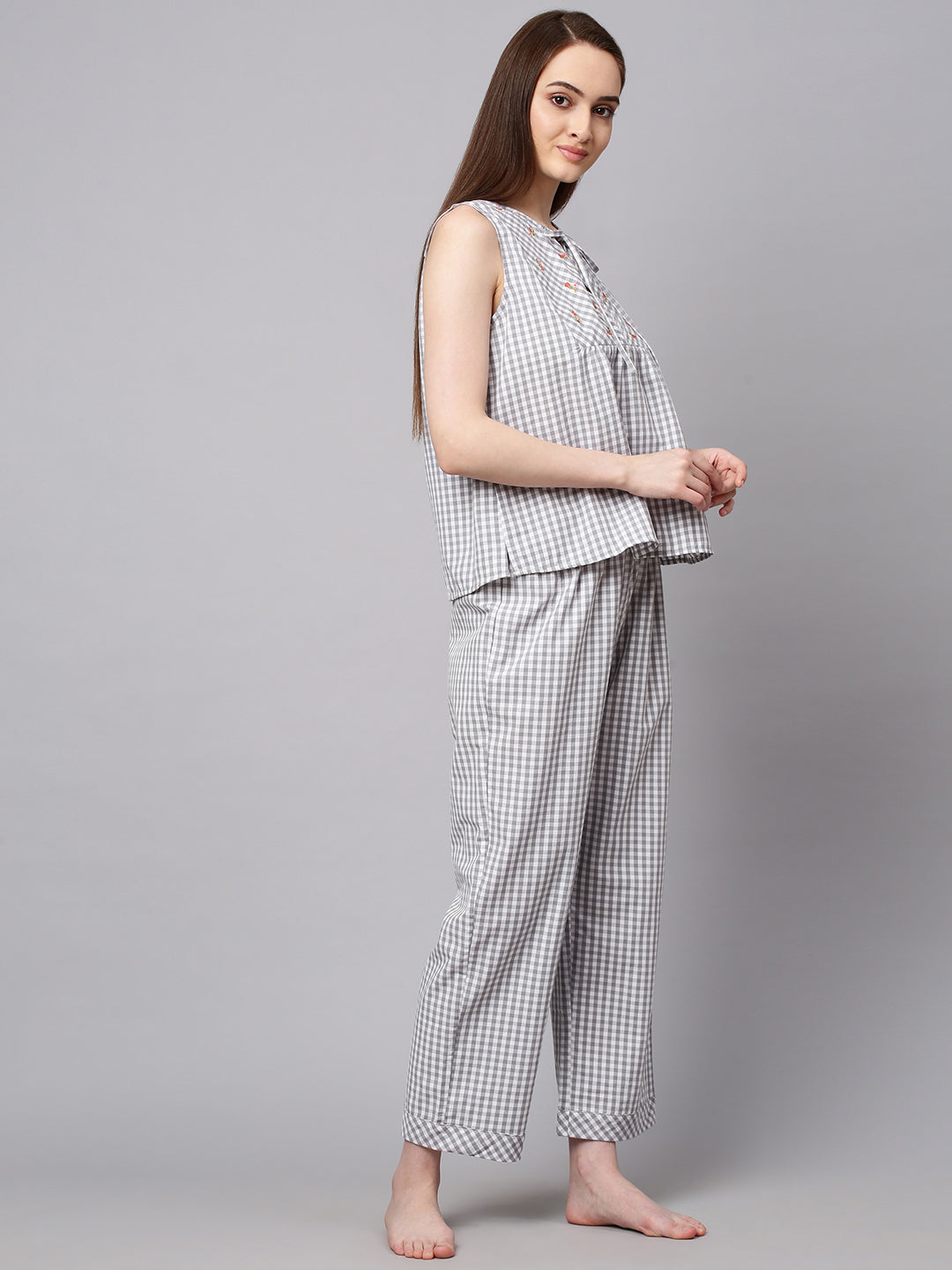Embroidered Gingham Night Suit
