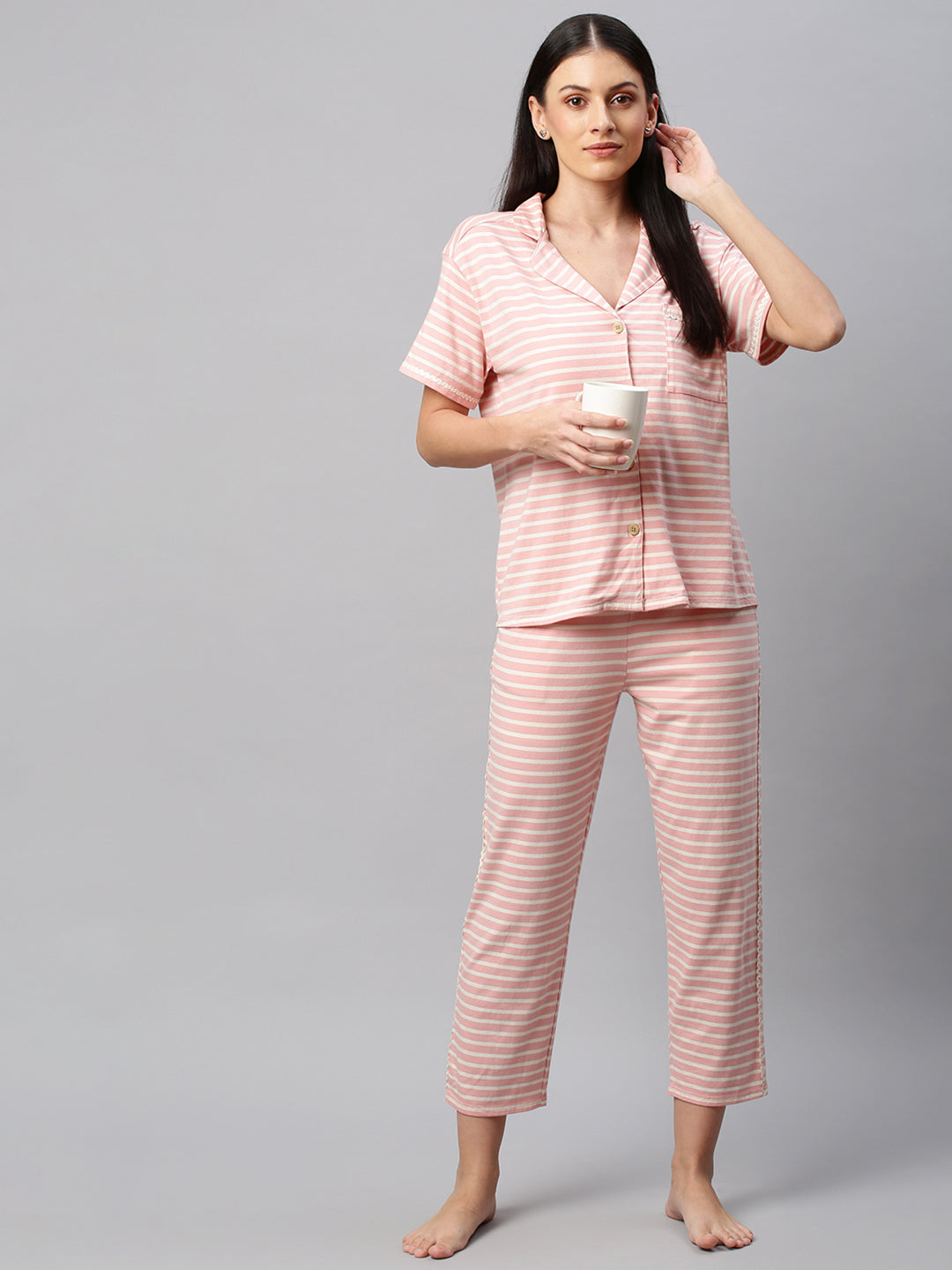 COTTON VISCOSE STRIPED NIGHT SUIT