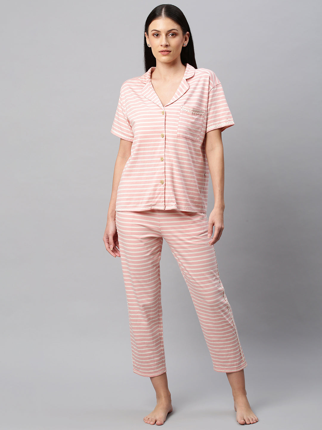 COTTON VISCOSE STRIPED NIGHT SUIT