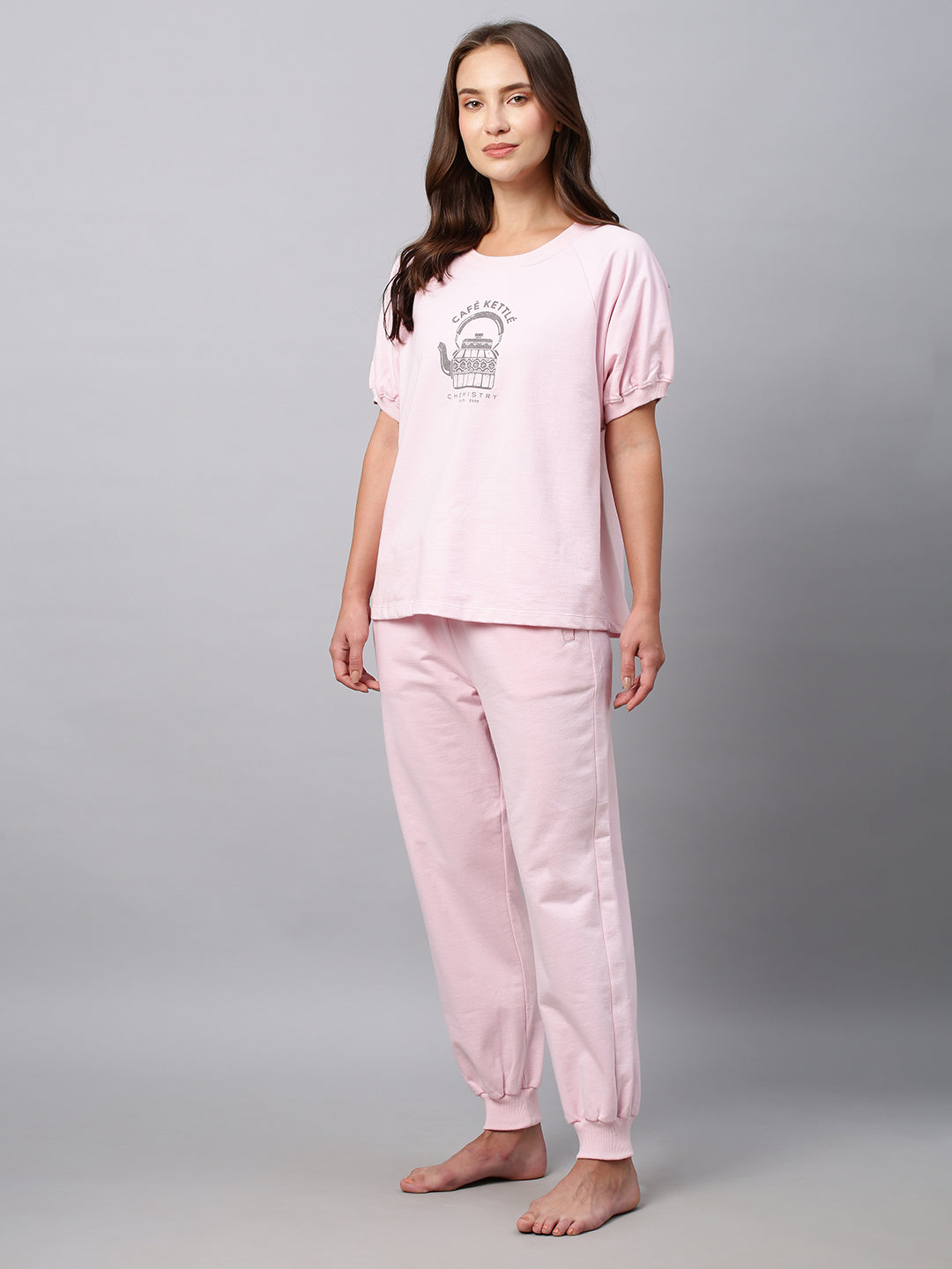 Cotton French Terry Graphic Printed Tee And Joggers Lounge Set