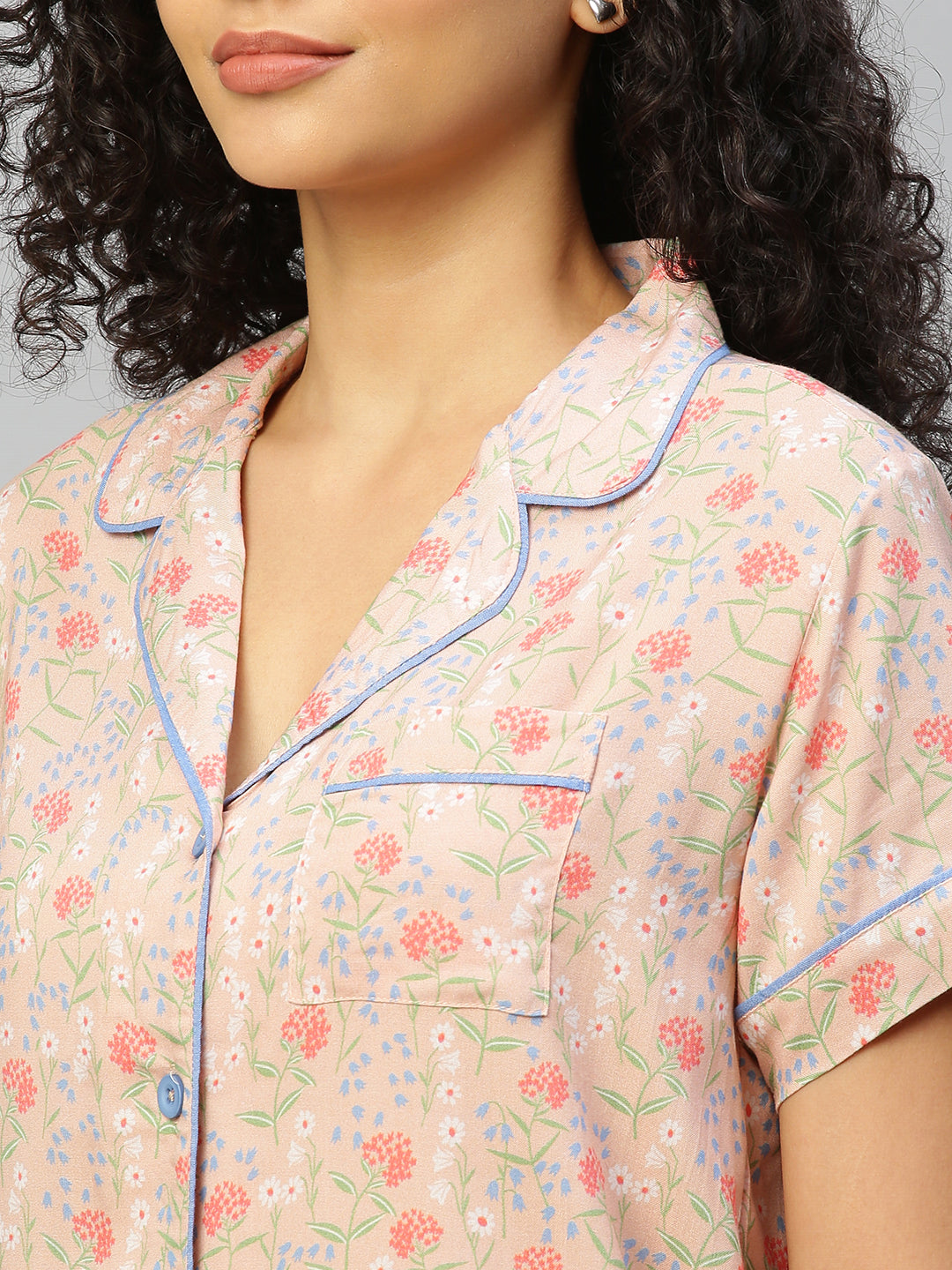 Floral Printed Rayon Night Suit With Contrast Piping