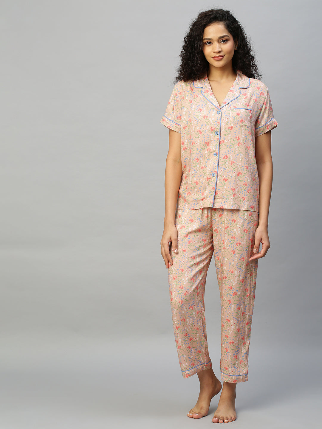 Floral Printed Rayon Night Suit With Contrast Piping