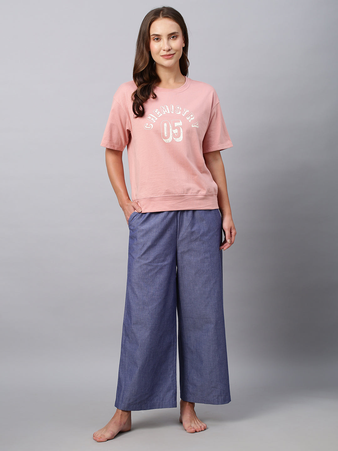 Drop Shoulder Graphic Printed Cotton Jersey Tee W/ Chambray Wide Leg Pj's