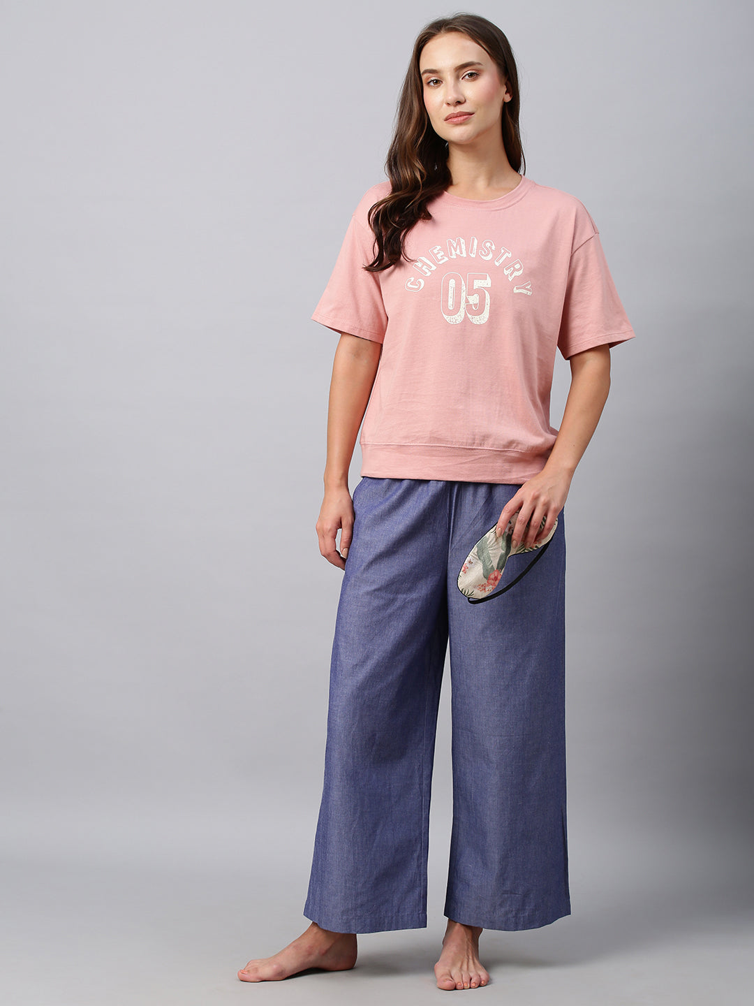 Drop Shoulder Graphic Printed Cotton Jersey Tee W/ Chambray Wide Leg Pj's