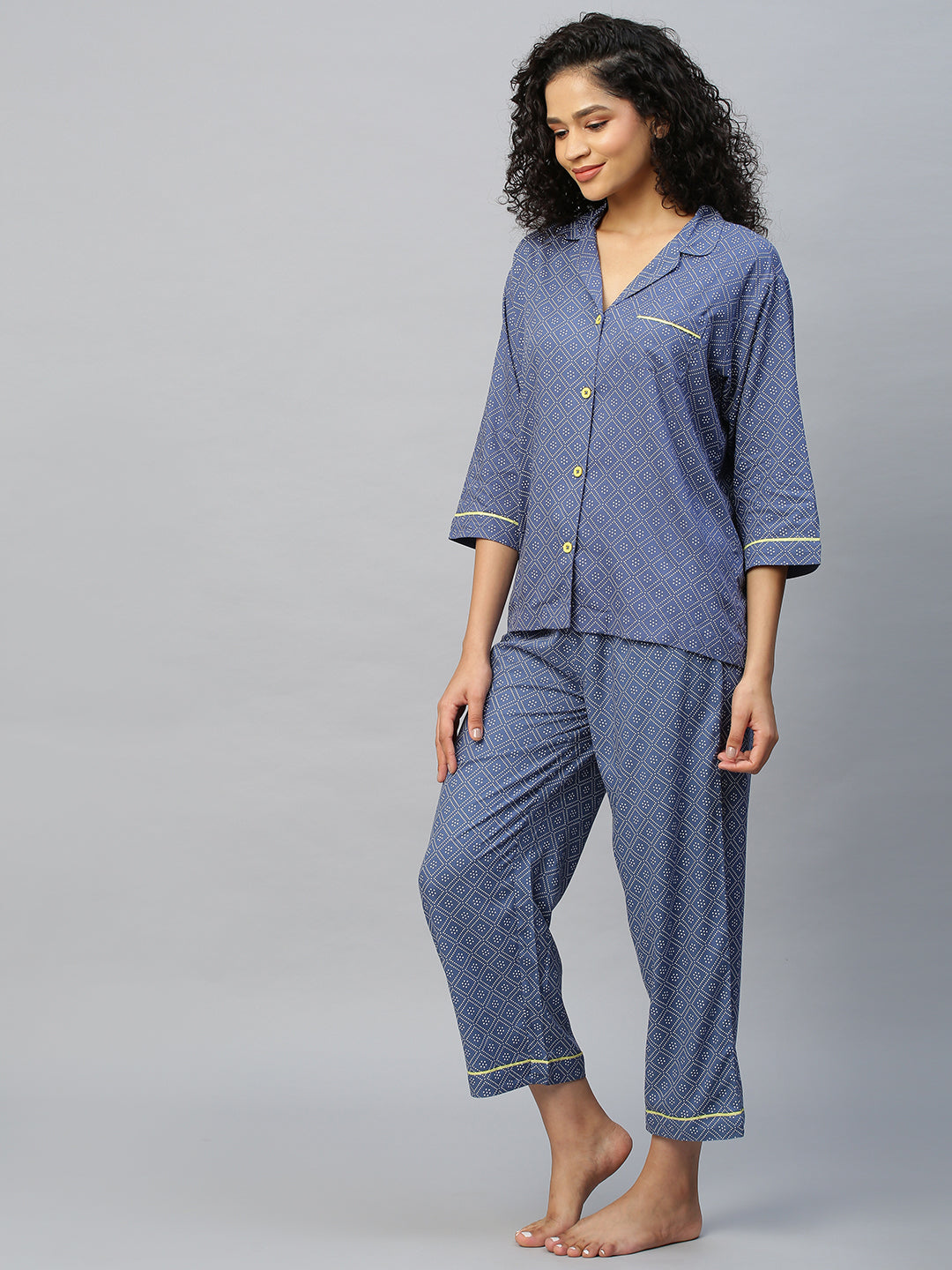 Printed Rayon Night Suit With Contrast Piping