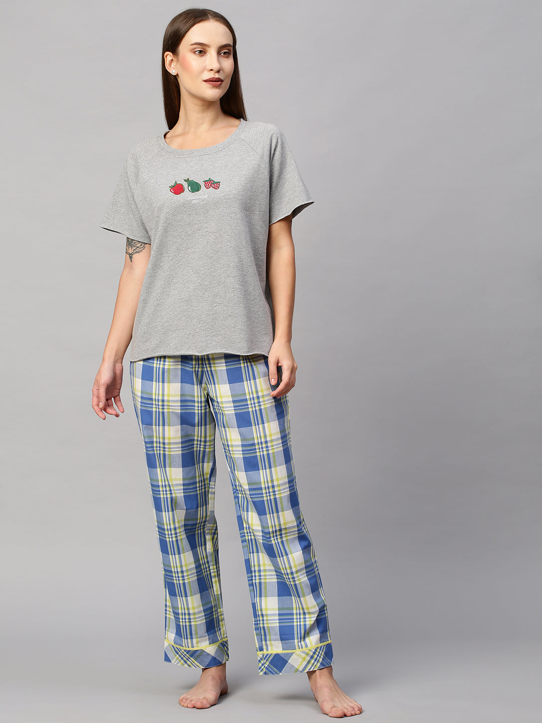 Embroidered French Terry Raglan Tee W/ Checkered Pj's