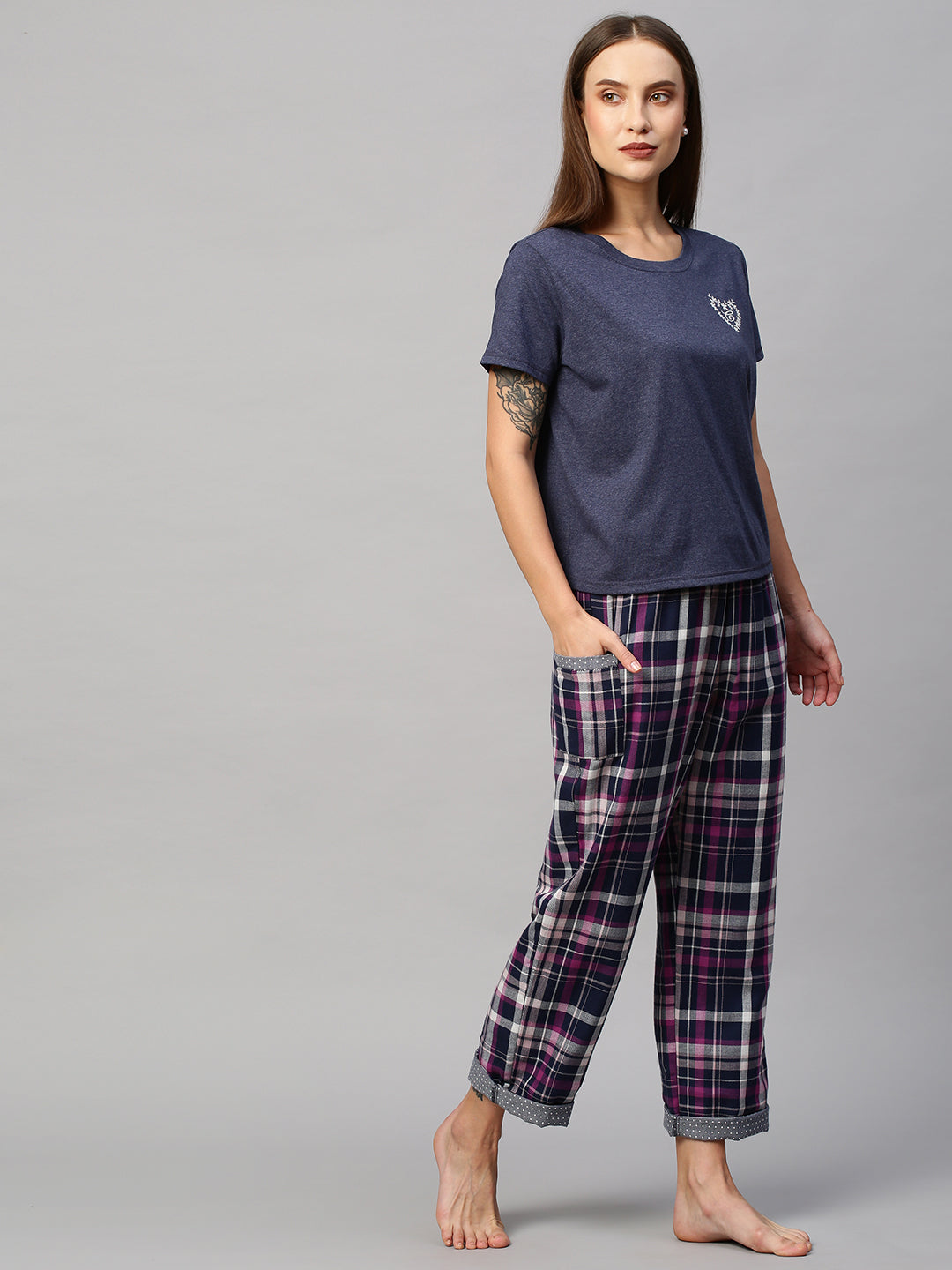 Embroidered Cotton Jersey Tee W/ Plaid Double Fabric Pj's