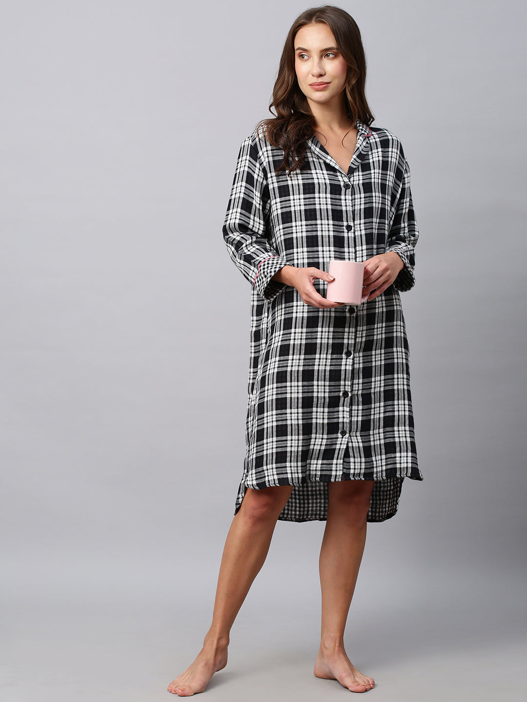 Checkered Double Fabric Cotton Lounge Shirt Dress