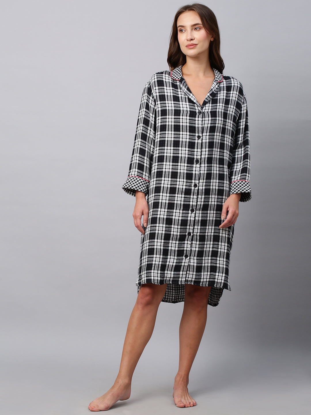 Checkered Double Fabric Cotton Lounge Shirt Dress