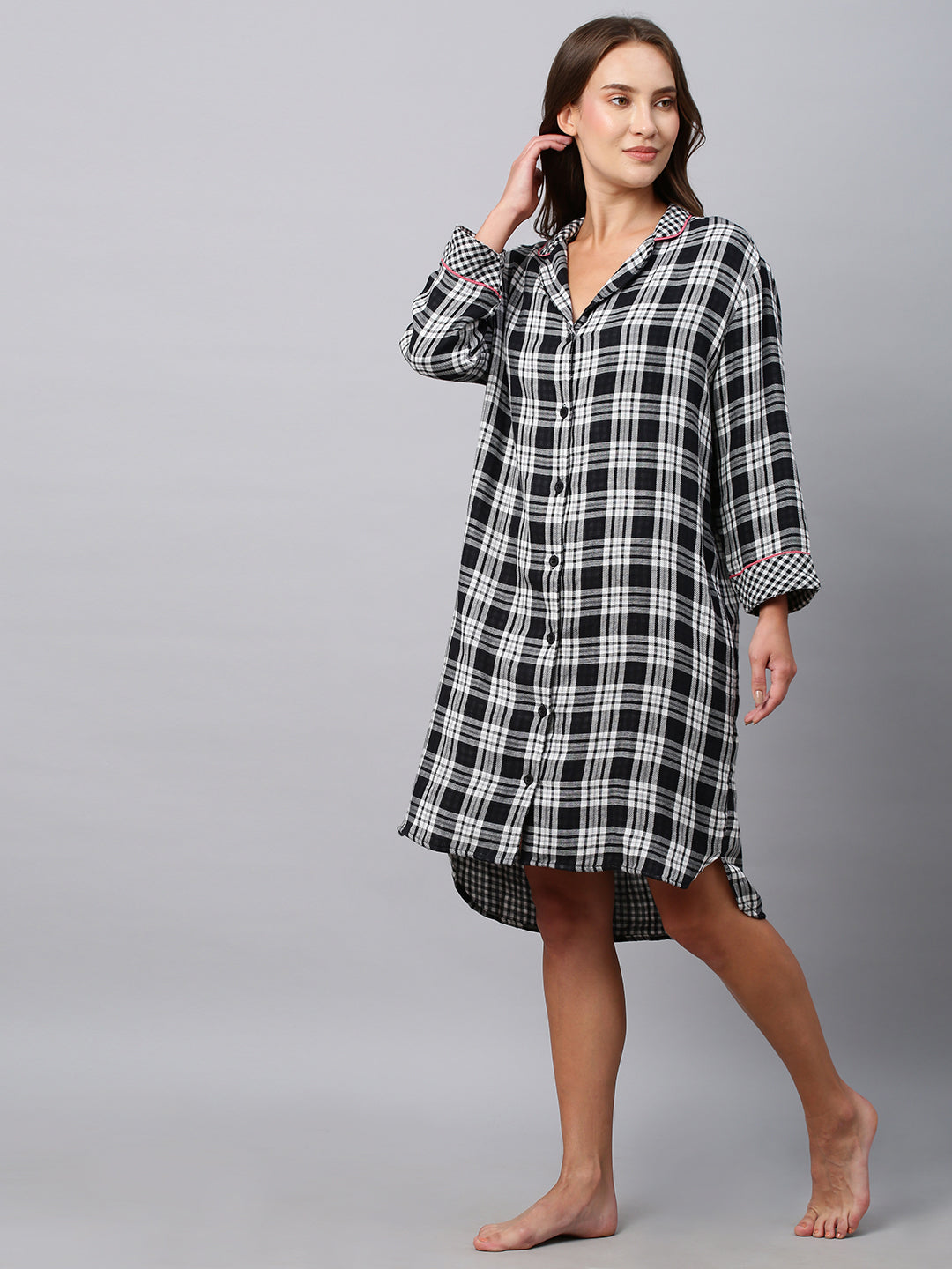 Checkered Double Fabric Cotton Lounge Shirt Dress