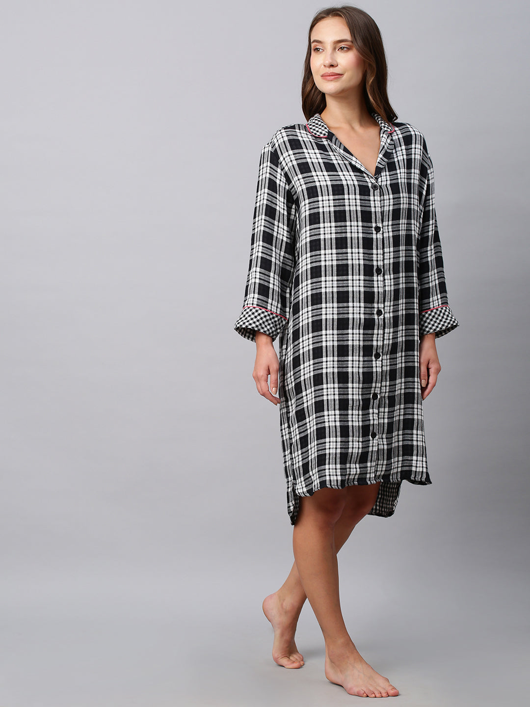 Checkered Double Fabric Cotton Lounge Shirt Dress