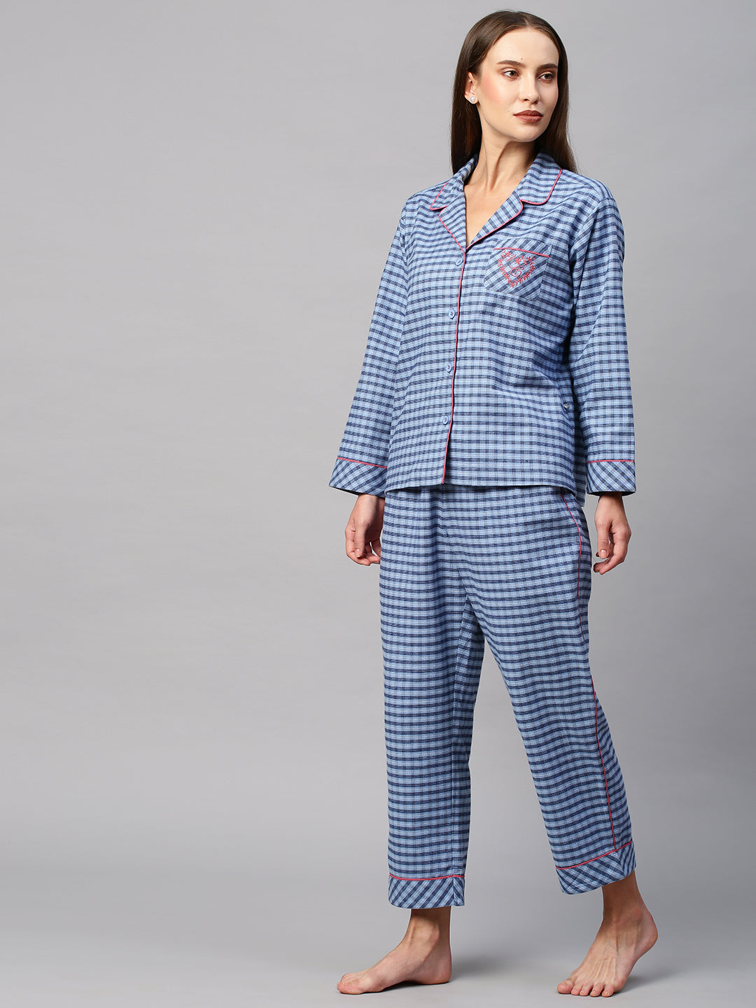 Drop Shoulder Checkered Nihgtsuit W/ Contrast Detailing