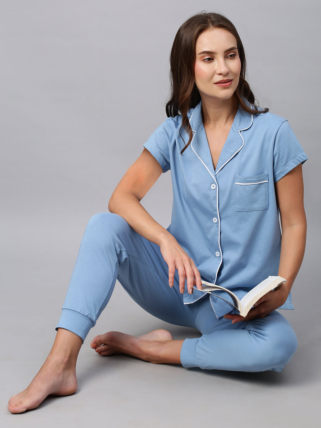 Cotton Jersey Contrast Piped Nightshirt With Joggers