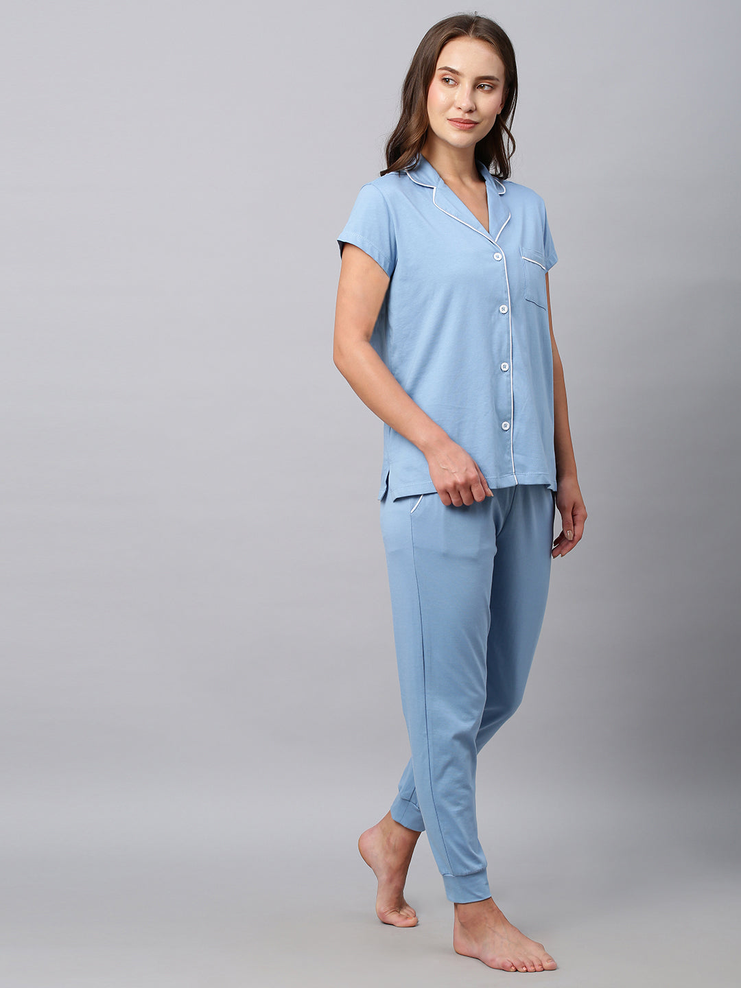 Cotton Jersey Contrast Piped Nightshirt With Joggers