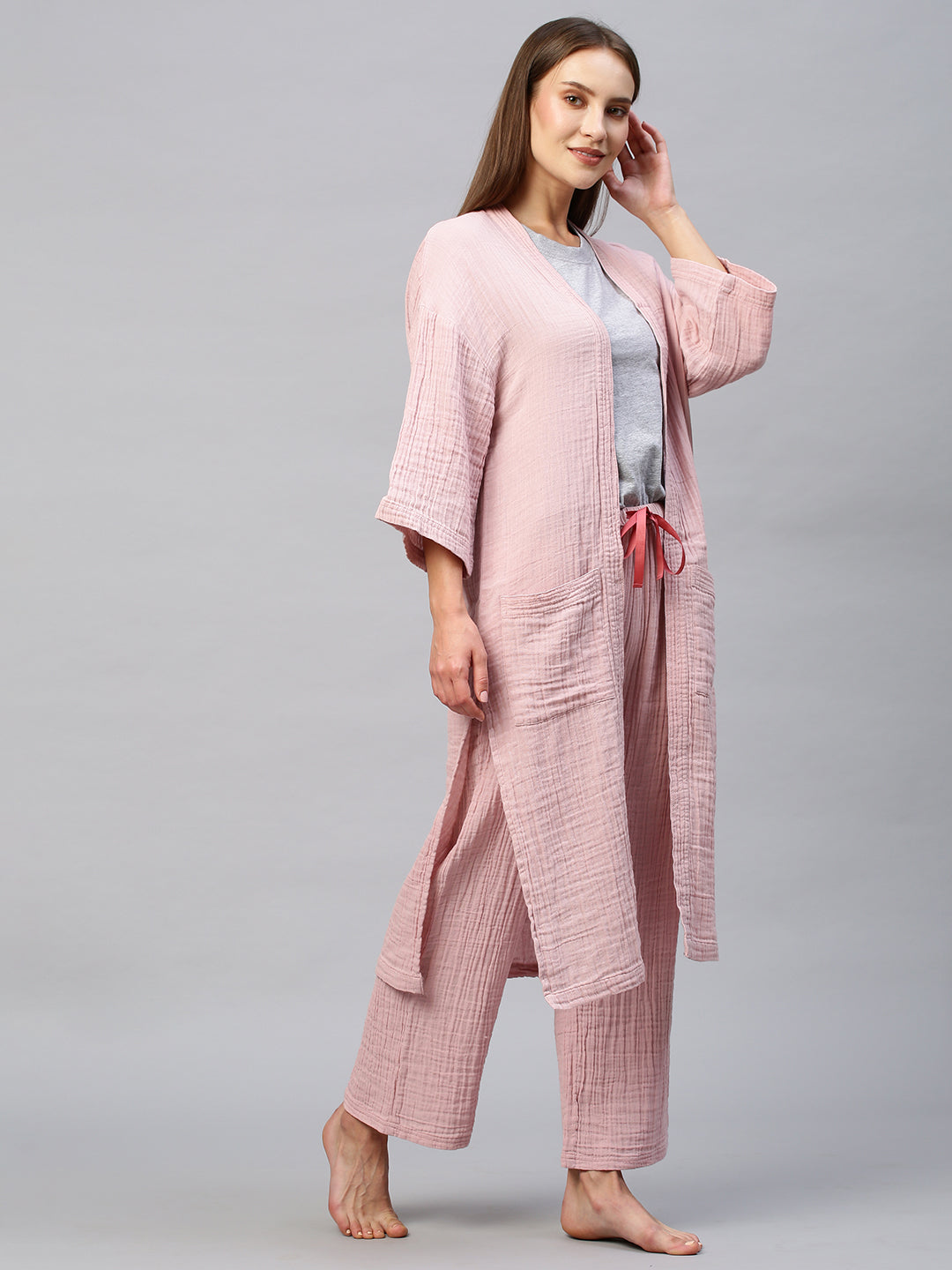 Double Fabric Crinkle Lounge Pj's & Tee With Kimono Wrap