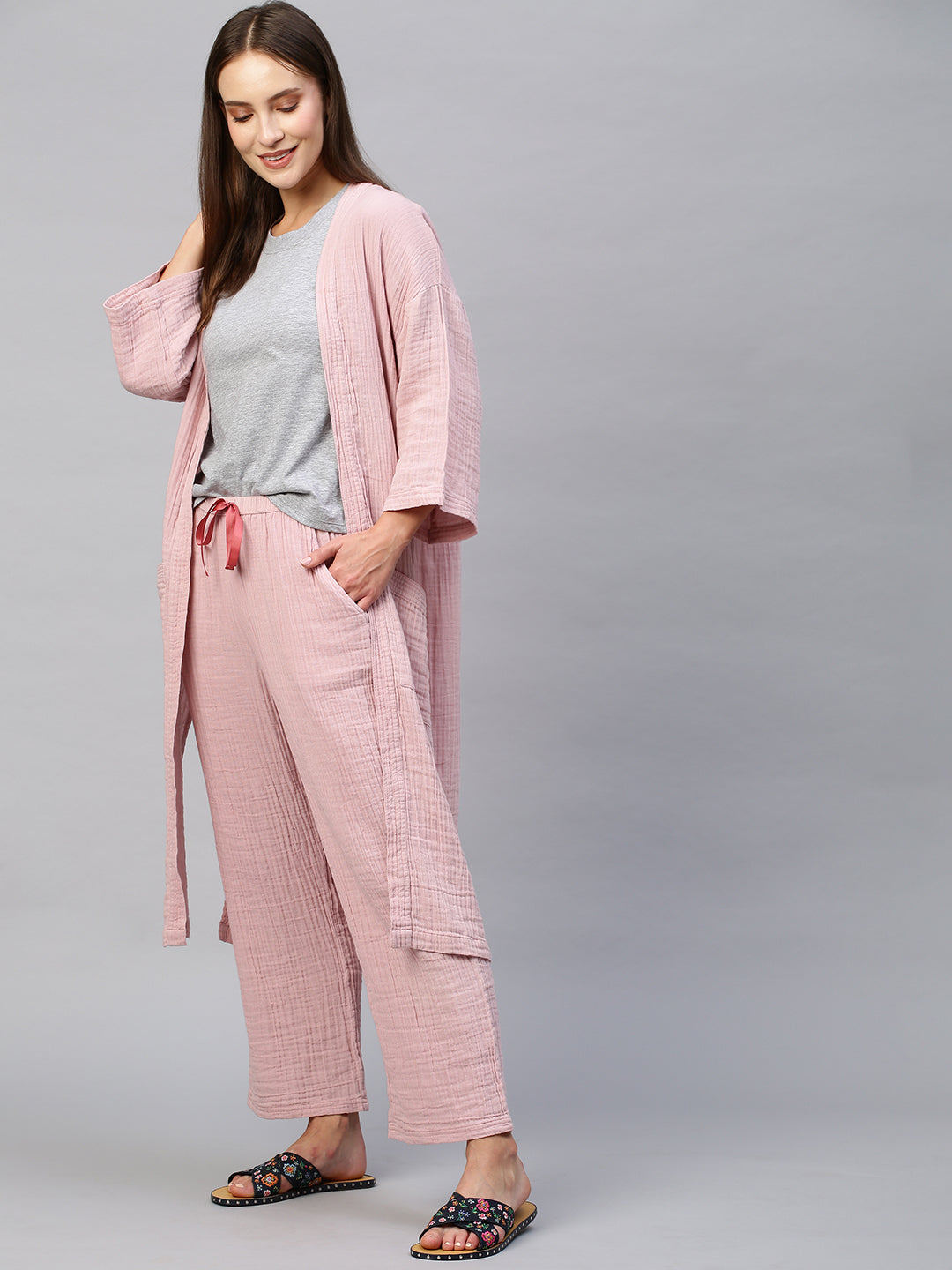 Double Fabric Crinkle Lounge Pj's & Tee With Kimono Wrap