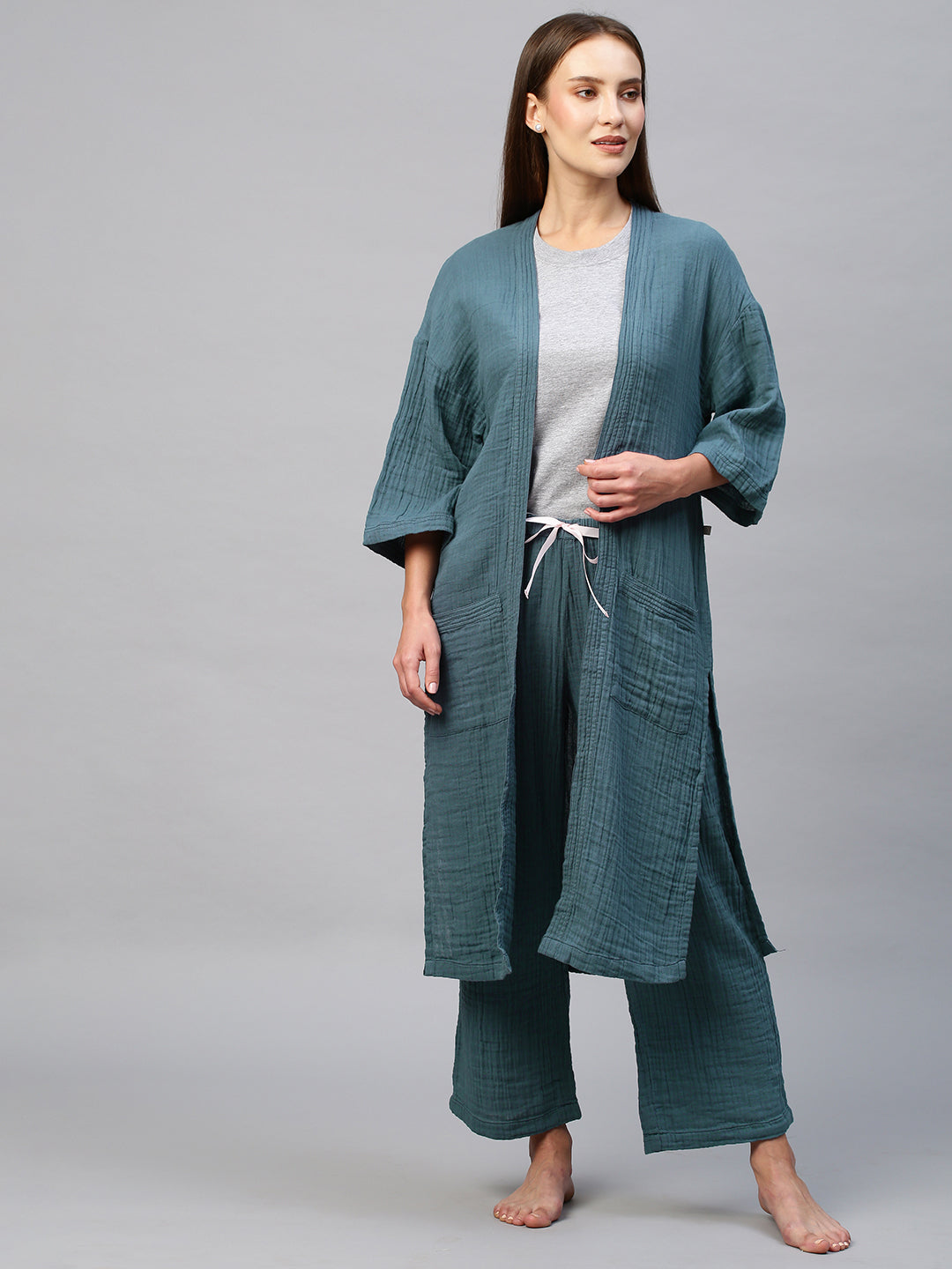 Double Fabric Crinkle Lounge Pj's & Tee With Kimono Wrap