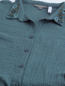 Crinkle Double Crepe Cotton Lounge Set W Embroidered Collar