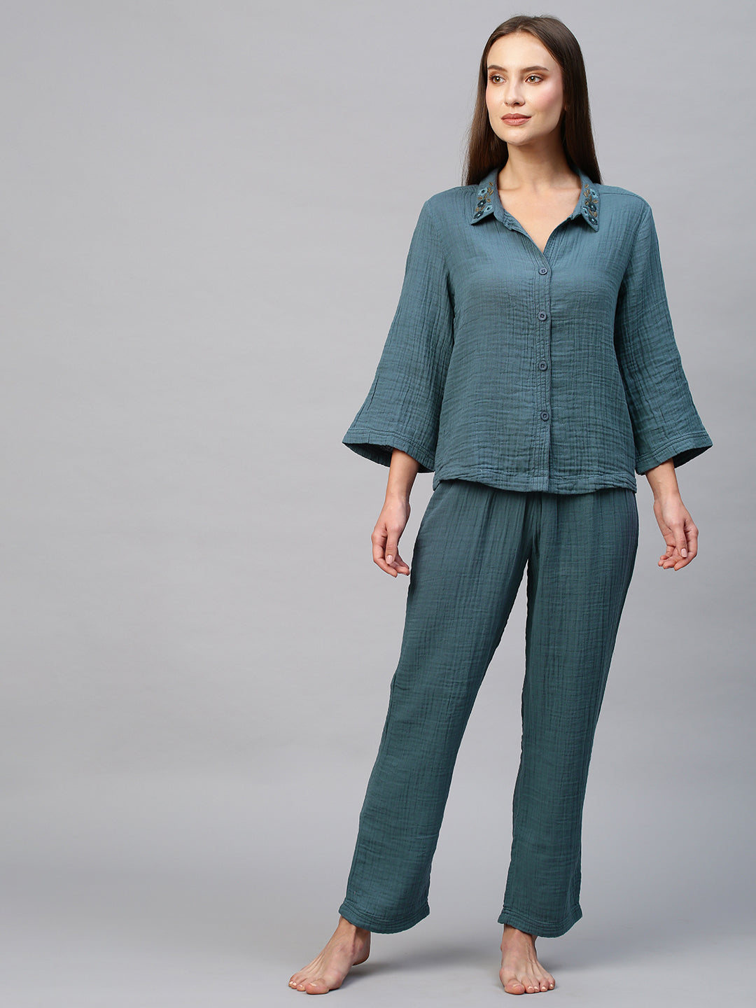 Crinkle Double Crepe Cotton Lounge Set W Embroidered Collar