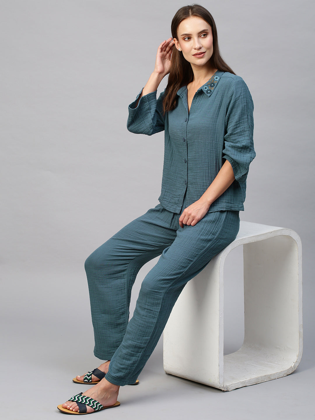 Crinkle Double Crepe Cotton Lounge Set W Embroidered Collar
