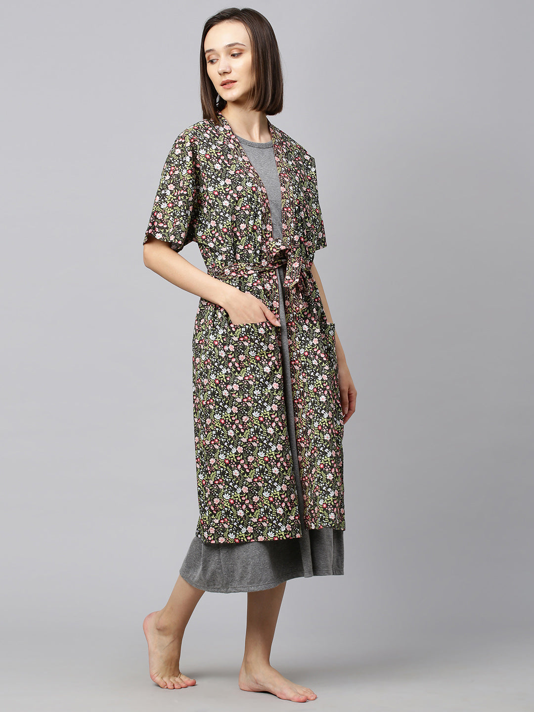 Knit A-Line Maxi Dress W/ Printed Cambric Kimono Wrap