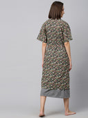 Knit A-Line Maxi Dress W/ Printed Cambric Kimono Wrap