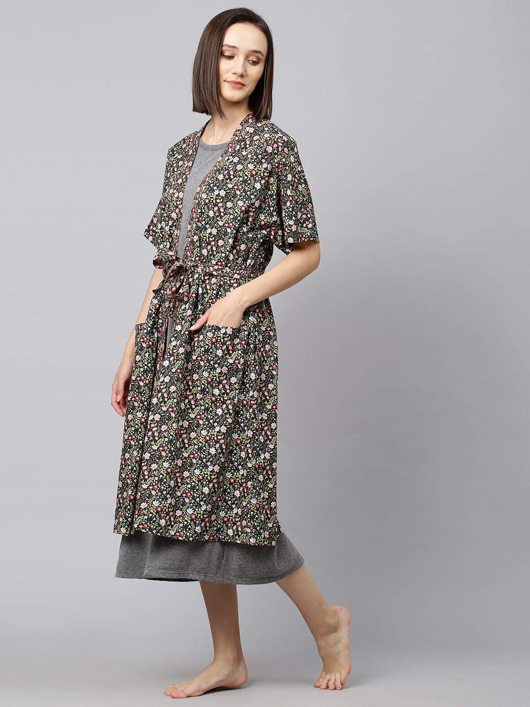 Knit A-Line Maxi Dress W/ Printed Cambric Kimono Wrap