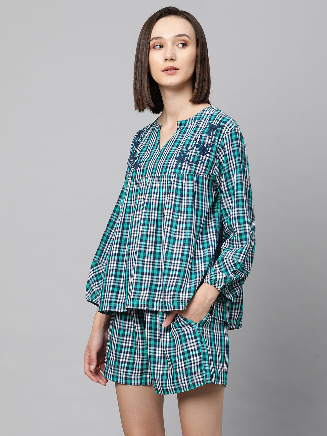 Viscose Plaid Embroidered Lounge Set