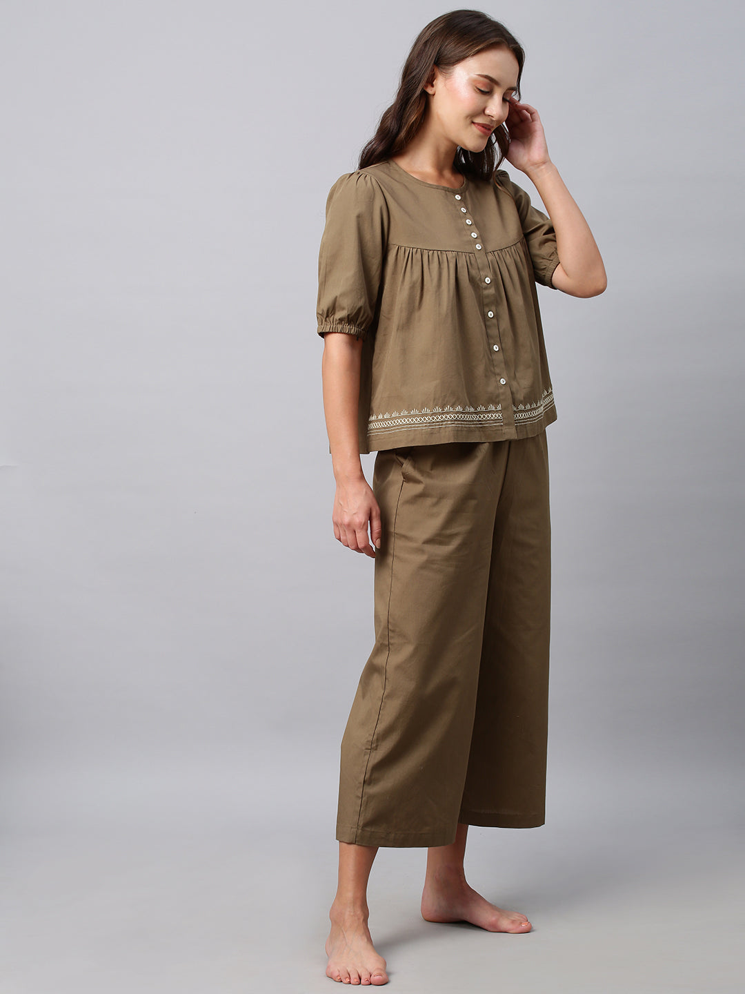 Crisp Poplin Co-Ord Set  With An Embroidered Swing Basque Top And Cropped Pj's