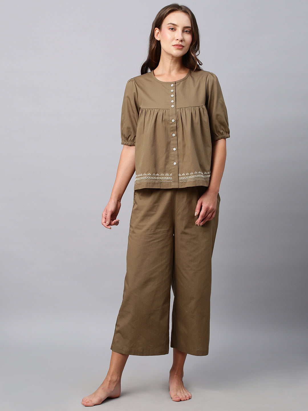 Crisp Poplin Co-Ord Set  With An Embroidered Swing Basque Top And Cropped Pj's