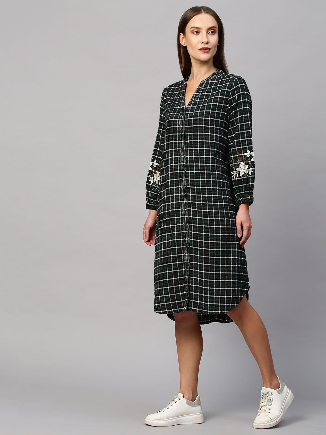 Brushed Flannel Embroidered Shirt Dress