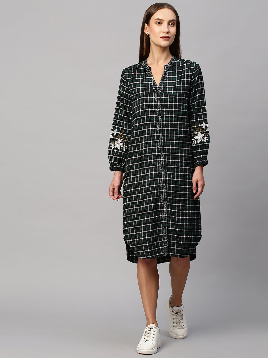 Brushed Flannel Embroidered Shirt Dress