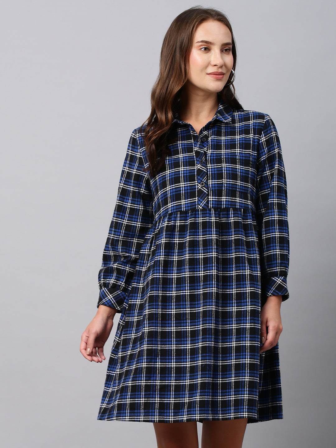 Brushed Flannel Waisted Pop Over Shirt Dress