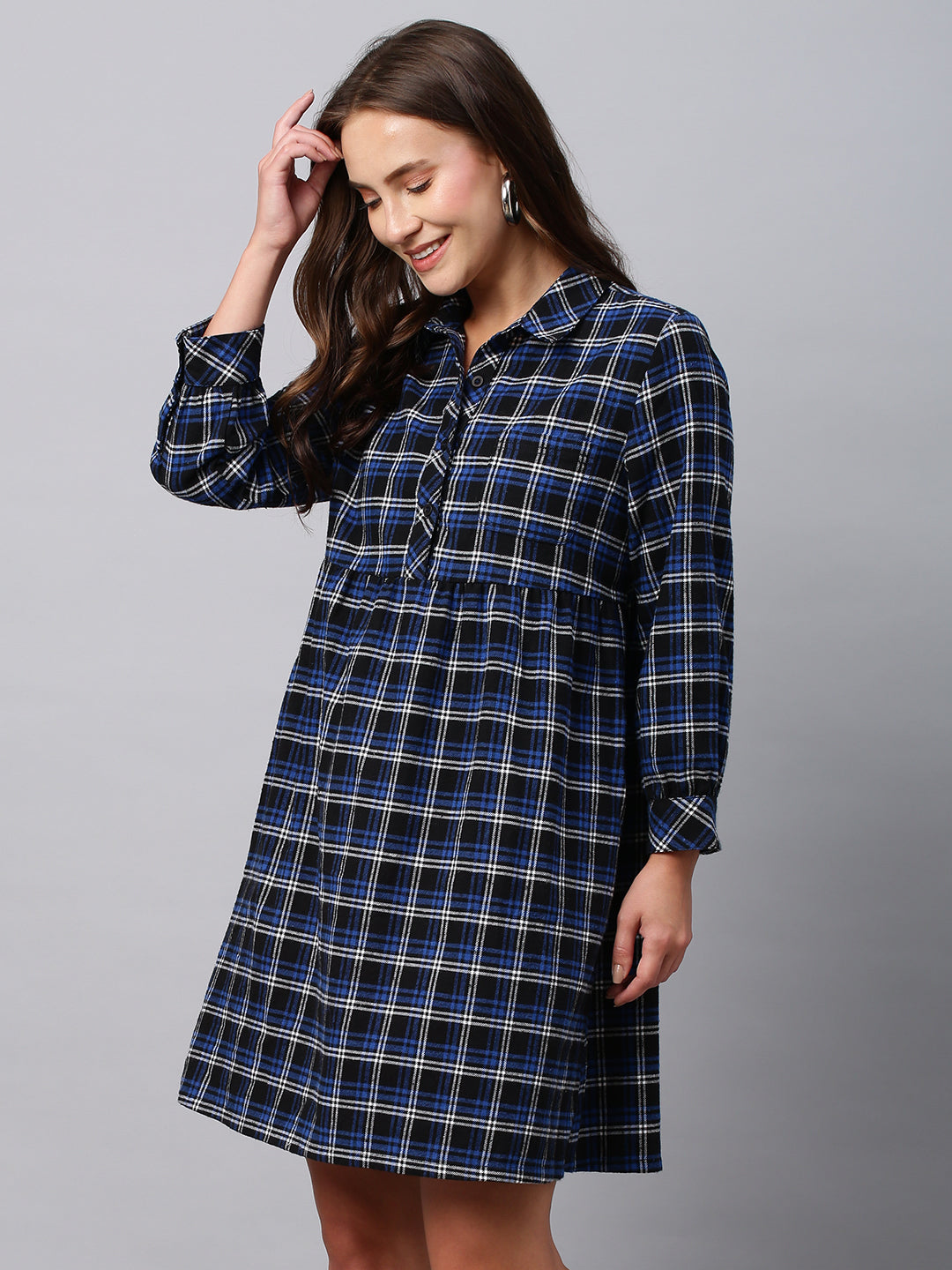 Brushed Flannel Waisted Pop Over Shirt Dress