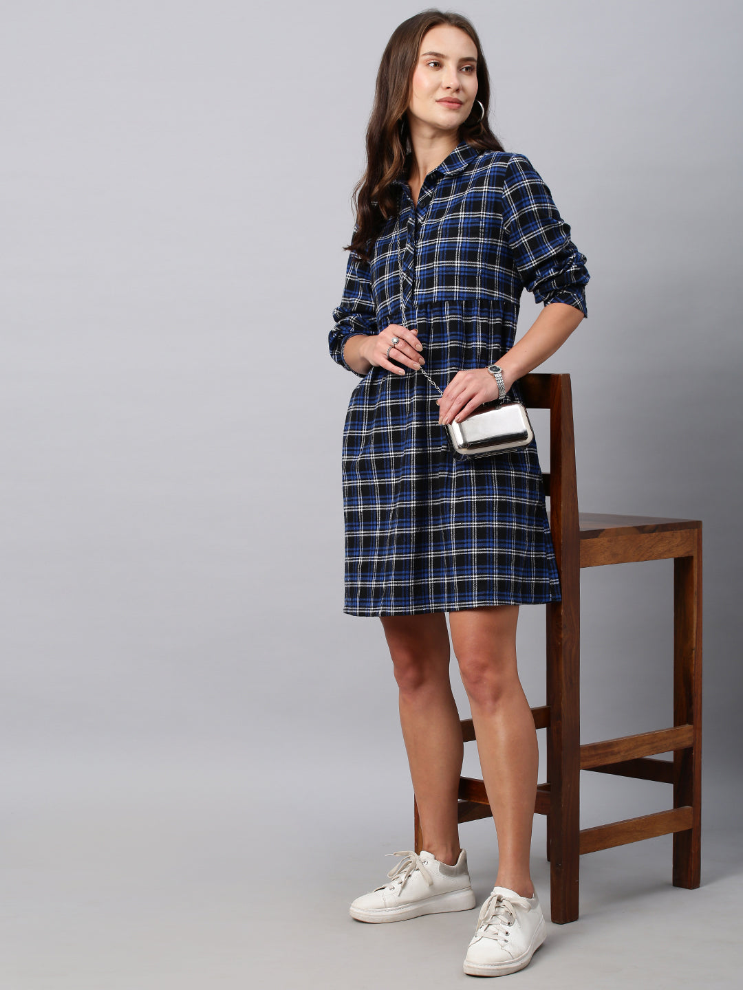 Brushed Flannel Waisted Pop Over Shirt Dress