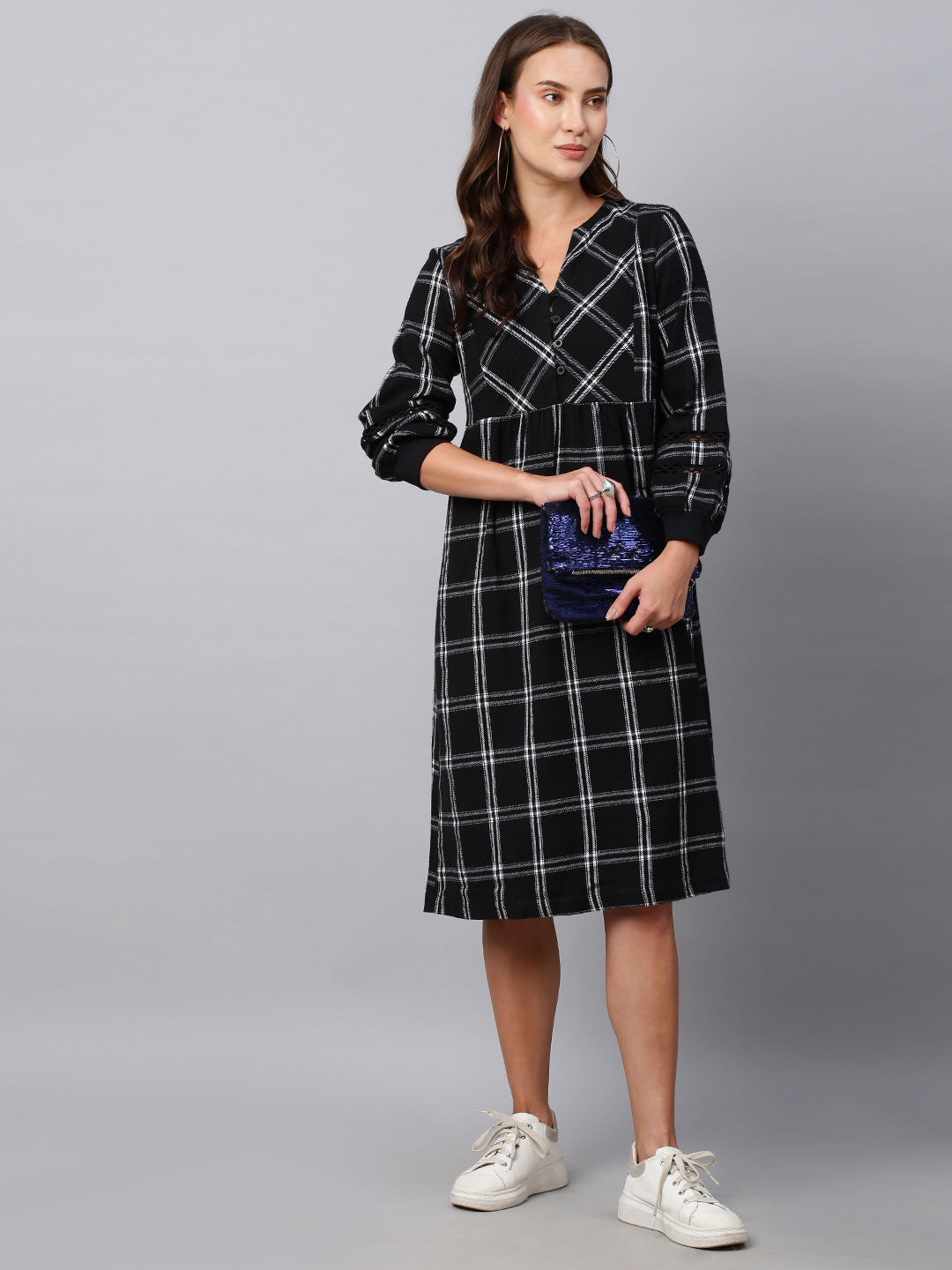 Brushed Flannel Basque Dress W/ Lace Inserts And Rib Cuffed Sleeves
