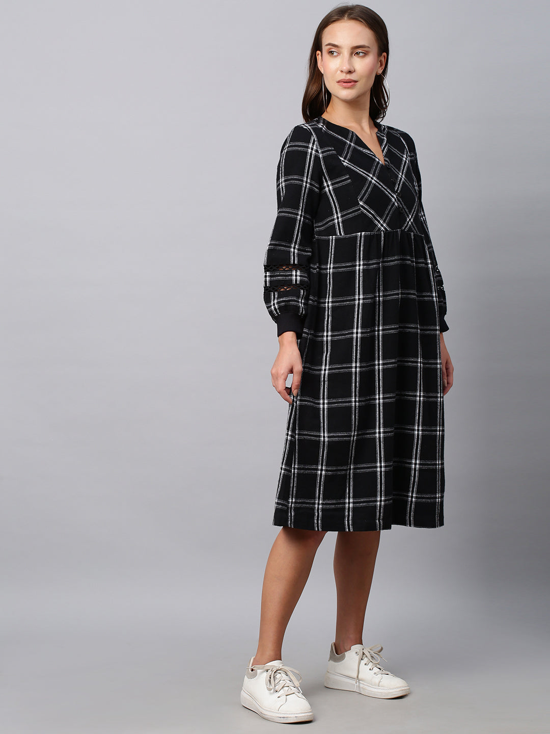 Brushed Flannel Basque Dress W/ Lace Inserts And Rib Cuffed Sleeves