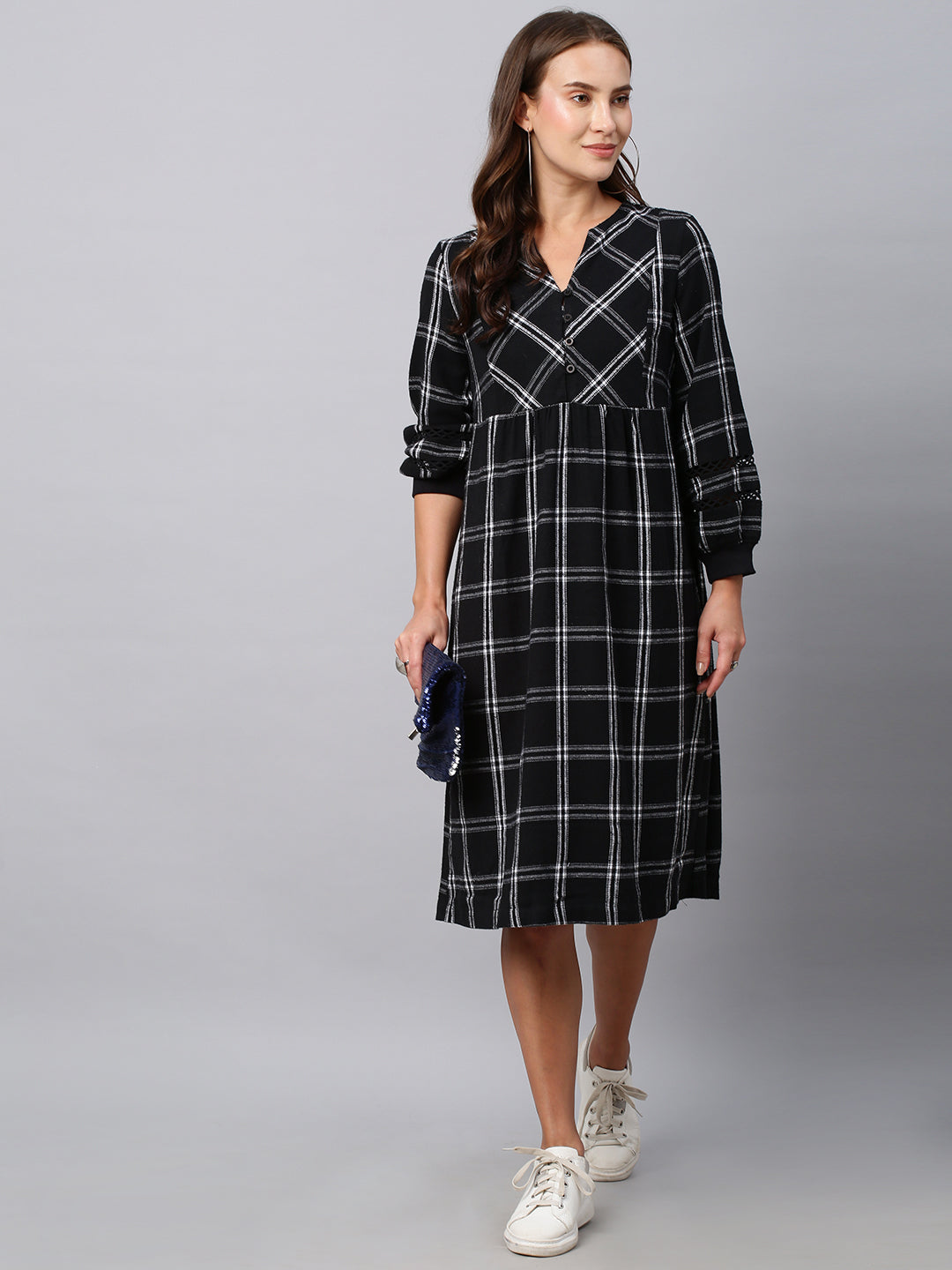 Brushed Flannel Basque Dress W/ Lace Inserts And Rib Cuffed Sleeves