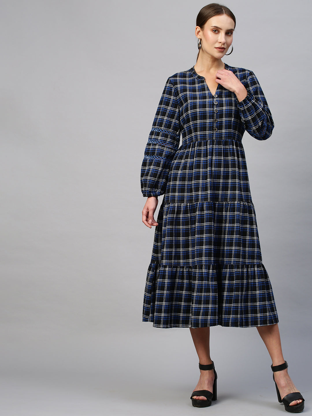 Brushed Flannel Lace Insert Plaid Tiered Dress